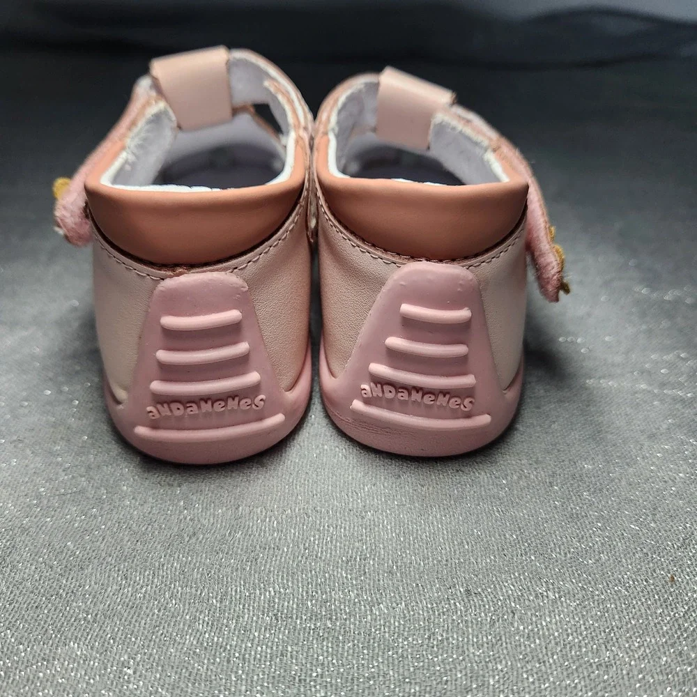 Andanenes Kids Pink Leather Floral T-Strap Closed Toe Sandals Shock Absorb